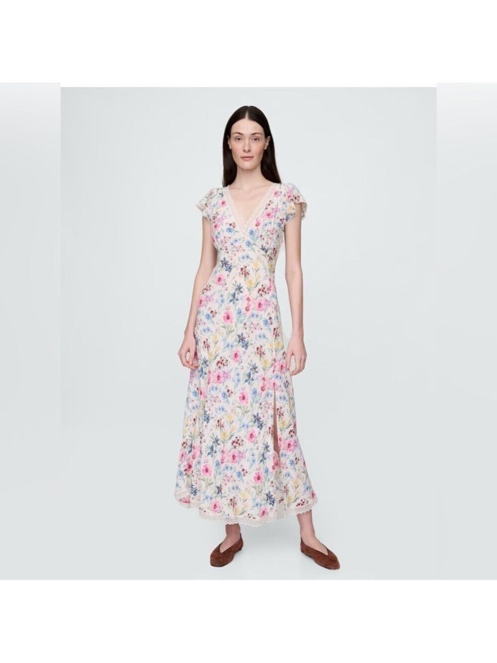 Gap Floral Crepe Lace Trim Neckline Babydoll Y2K Maxi Dress Wedding Guest L Tall